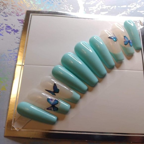 Cyan/blue/green butterfly  luxury press on nails - Picture 2 of 5